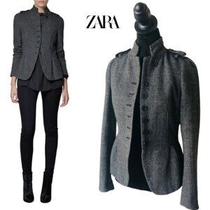 Like New - Zara Basic Women's Wool Blend Gray Peplum Herringbone Blazer Size XS